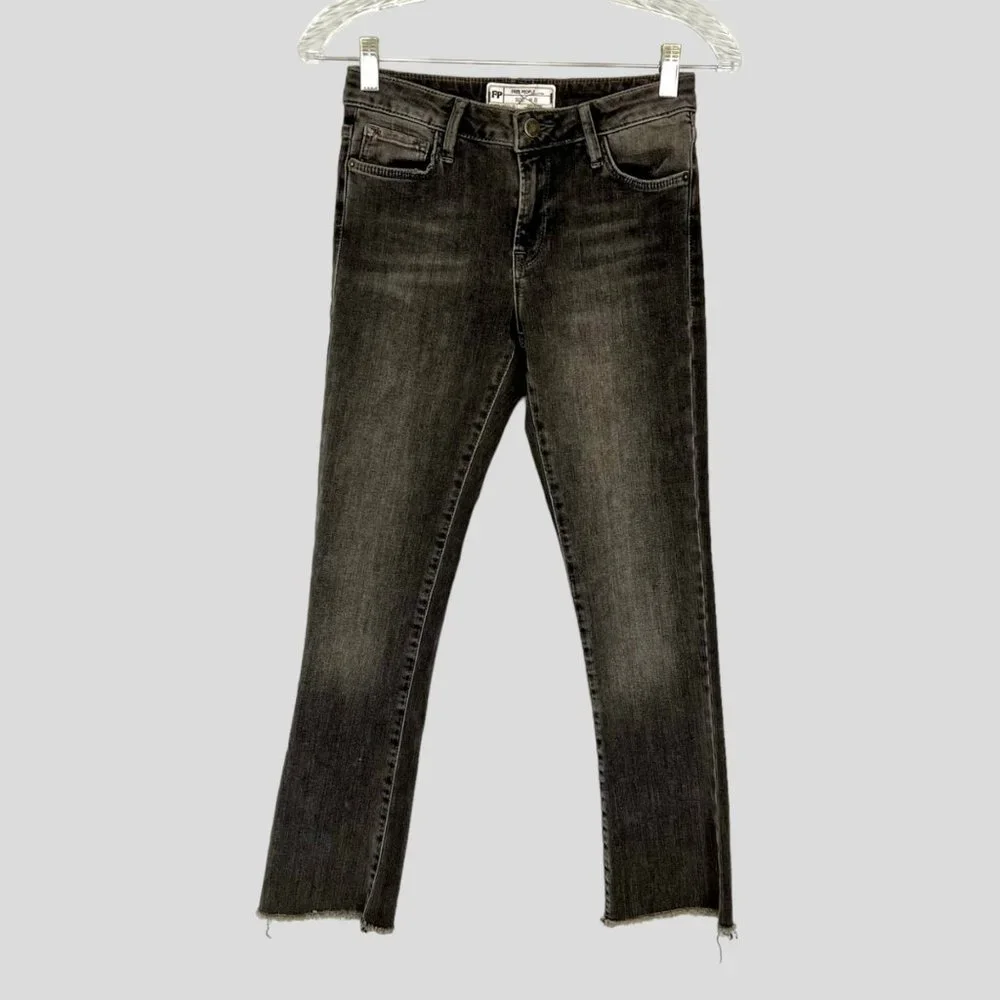 Free People Womens Black Skinny Jeans Raw Hem Mid Rise Cropped size 25